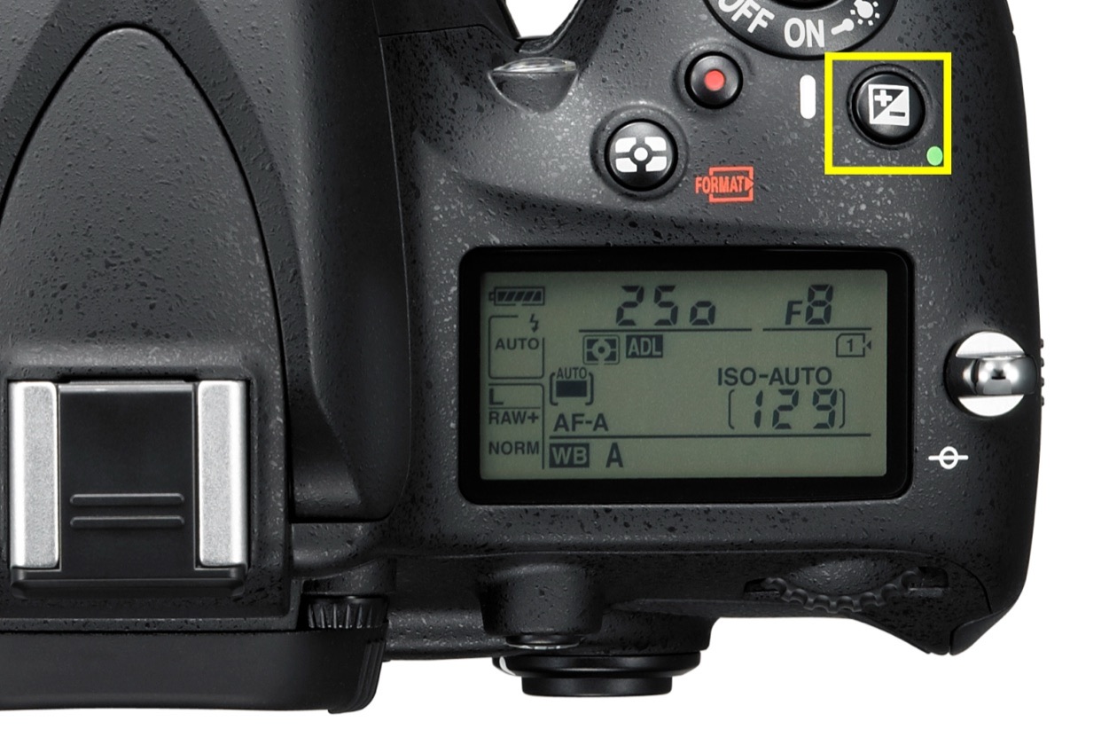 Top panel of a Nikon DSLR with the exposure compensation button highlighted