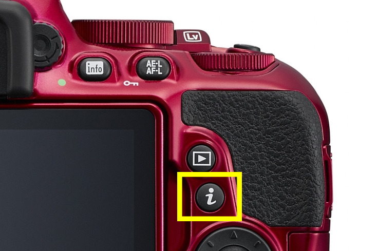 Rear of a red entry-level Nikon DSLR with the i button highlighted