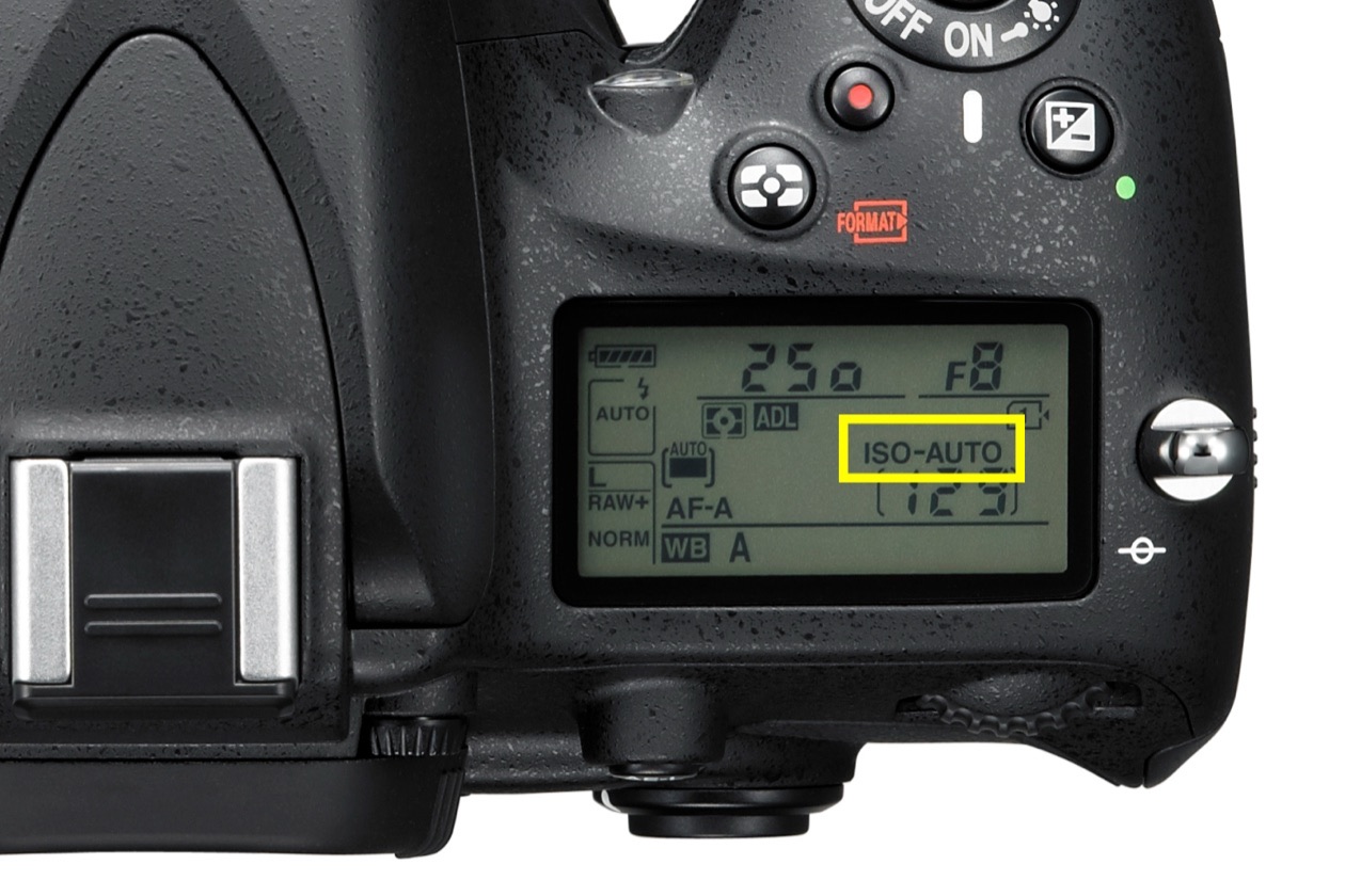 Top LCD panel of a Nikon DSLR with the ISO-AUTO indicator highlighted