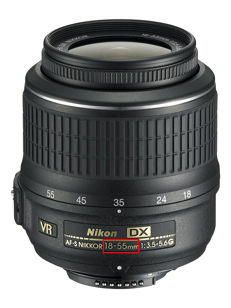 Nikon DX 18-55mm kit zoom lens with the focal length marking highlighted