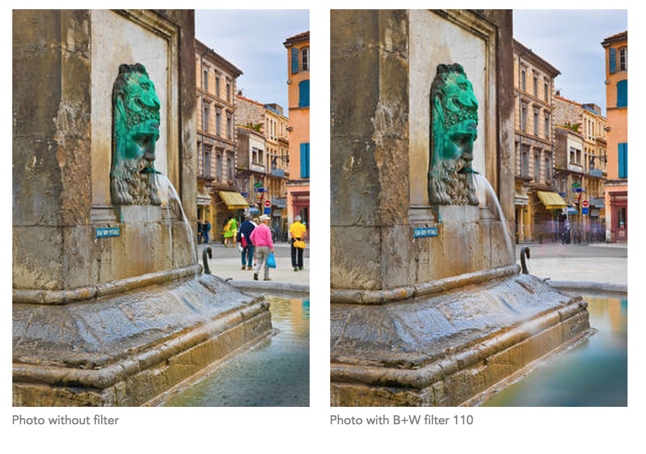 Side-by-side fountain photos without a filter and with a B+W 110 filter, the water smoothed by the long exposure