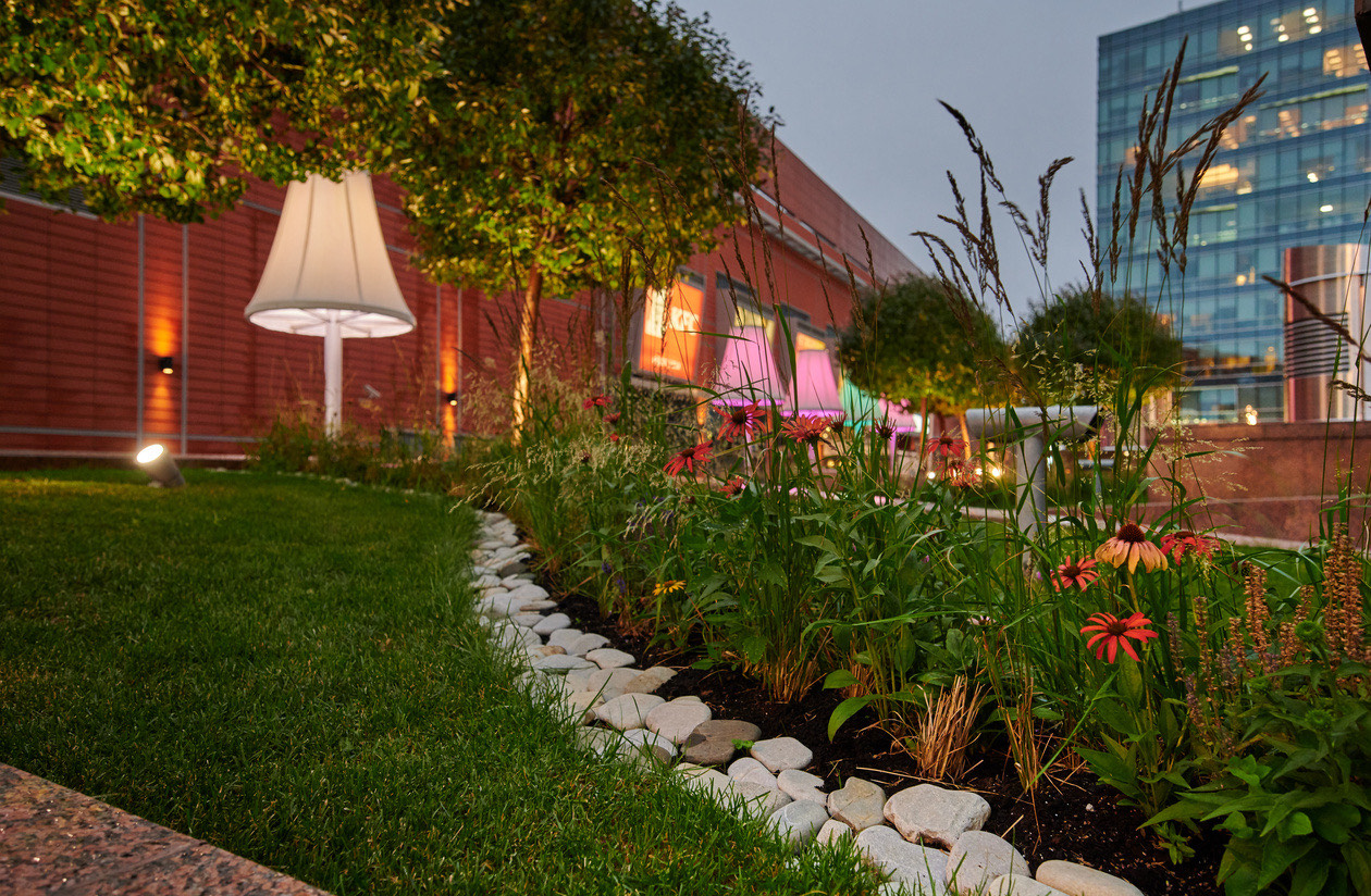 Flower bed with lit street lamps in front of a modern building at dusk