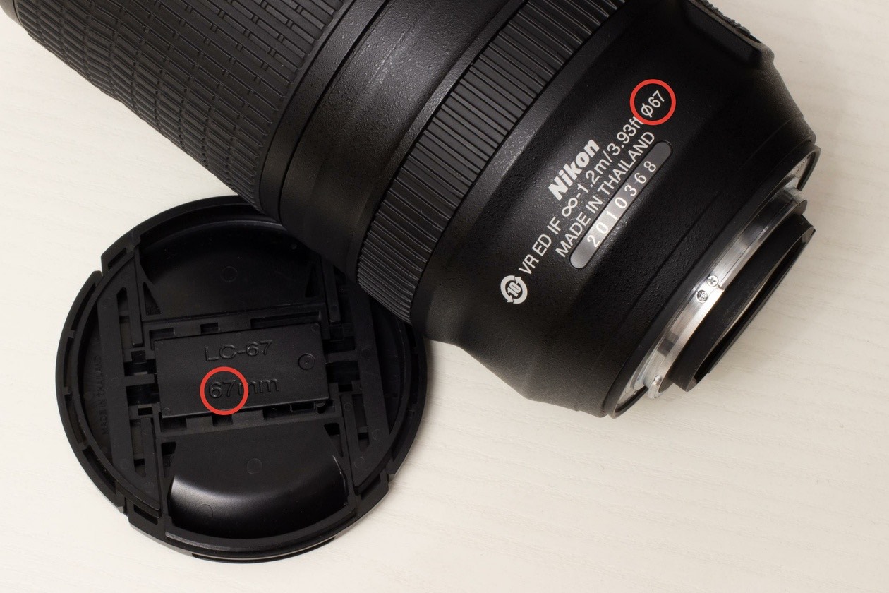 Nikon lens and lens cap with the filter thread diameter marked