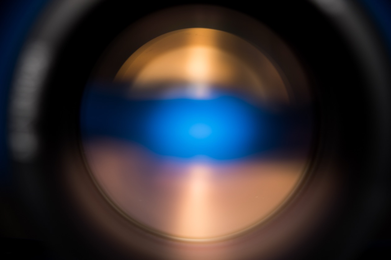 Lens aperture blades wide open, seen through the front of the lens