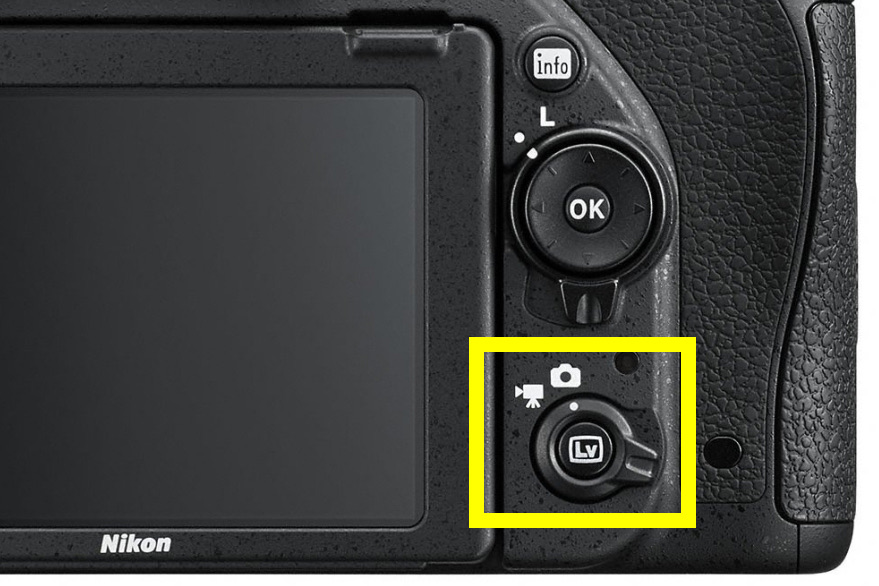 Back of a Nikon DSLR with the Live View switch highlighted in a yellow frame