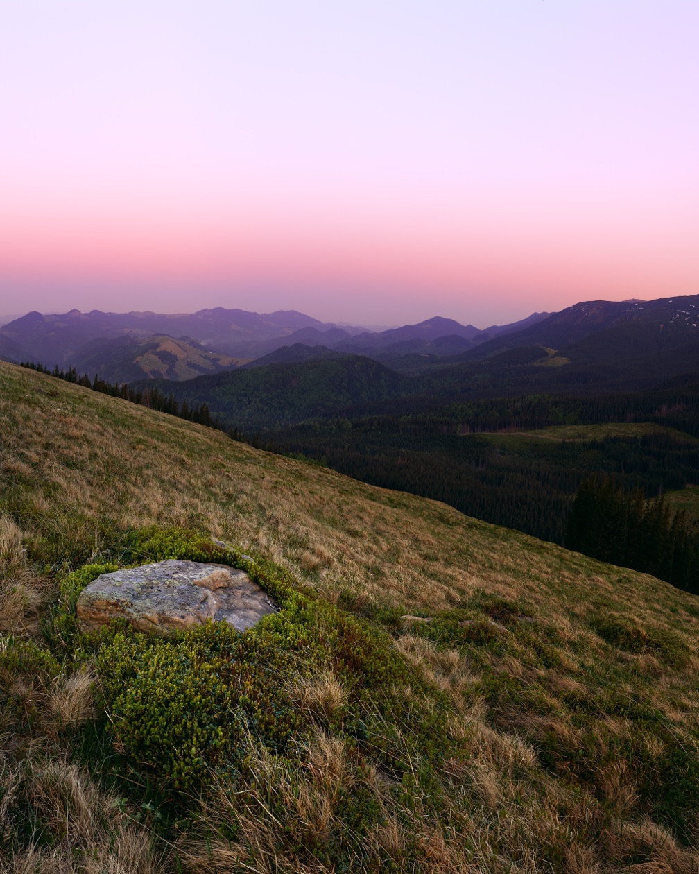 Mountain slope with a pale boulder in grass below distant ridges at pink dusk