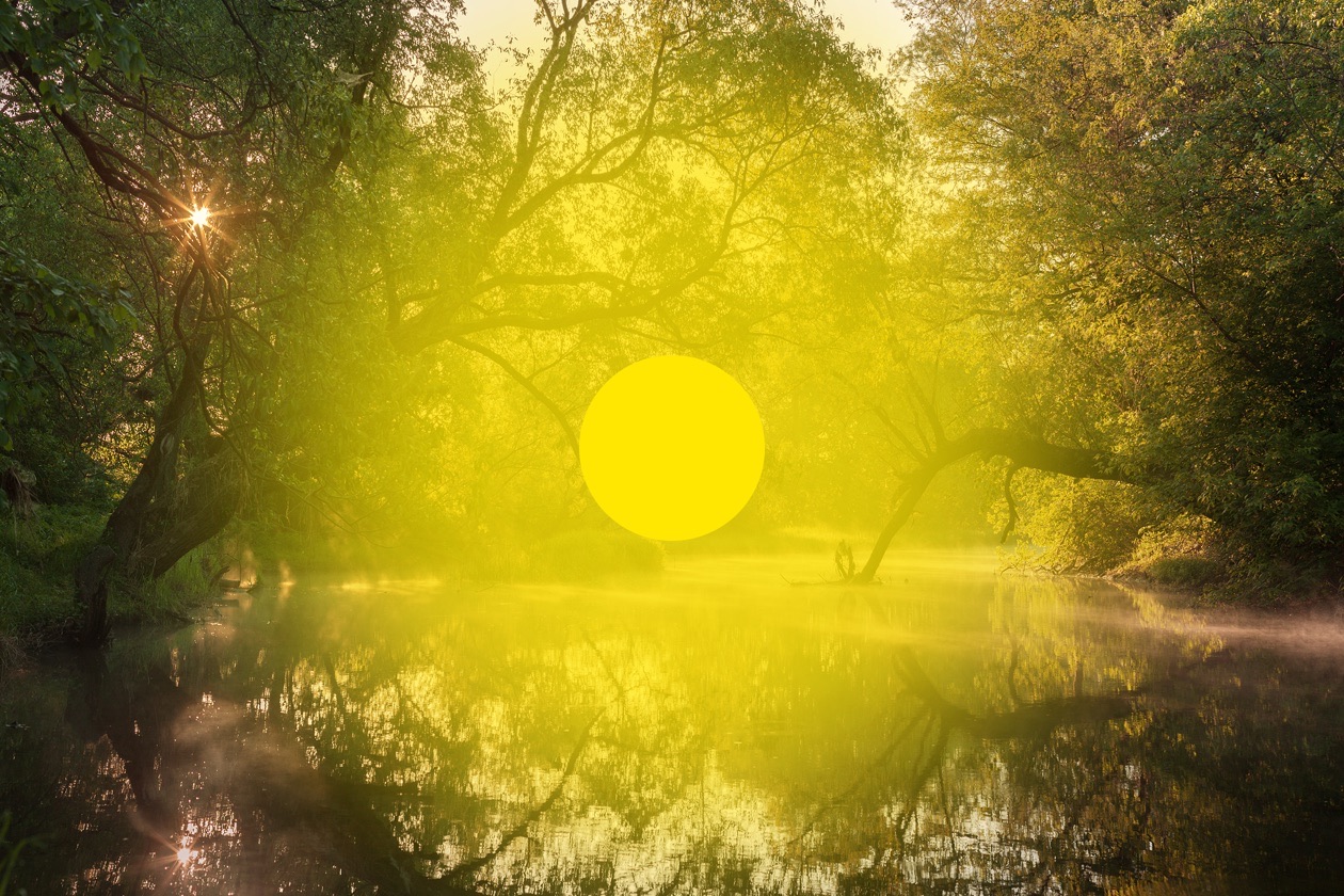 The misty river scene with a large glowing circle in the center marking the metering area