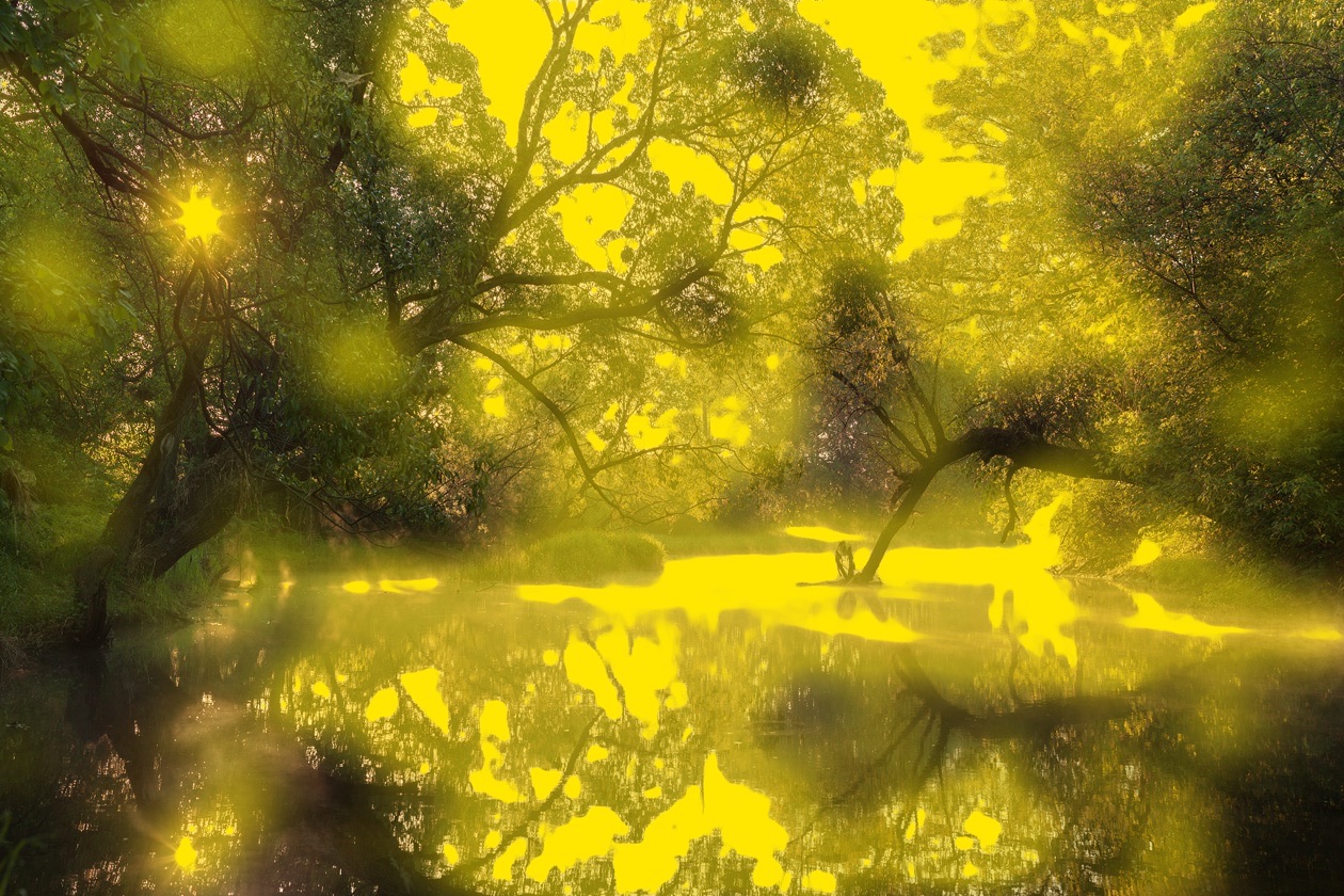 The river scene with only the brightest patches of sky and water highlighted in yellow
