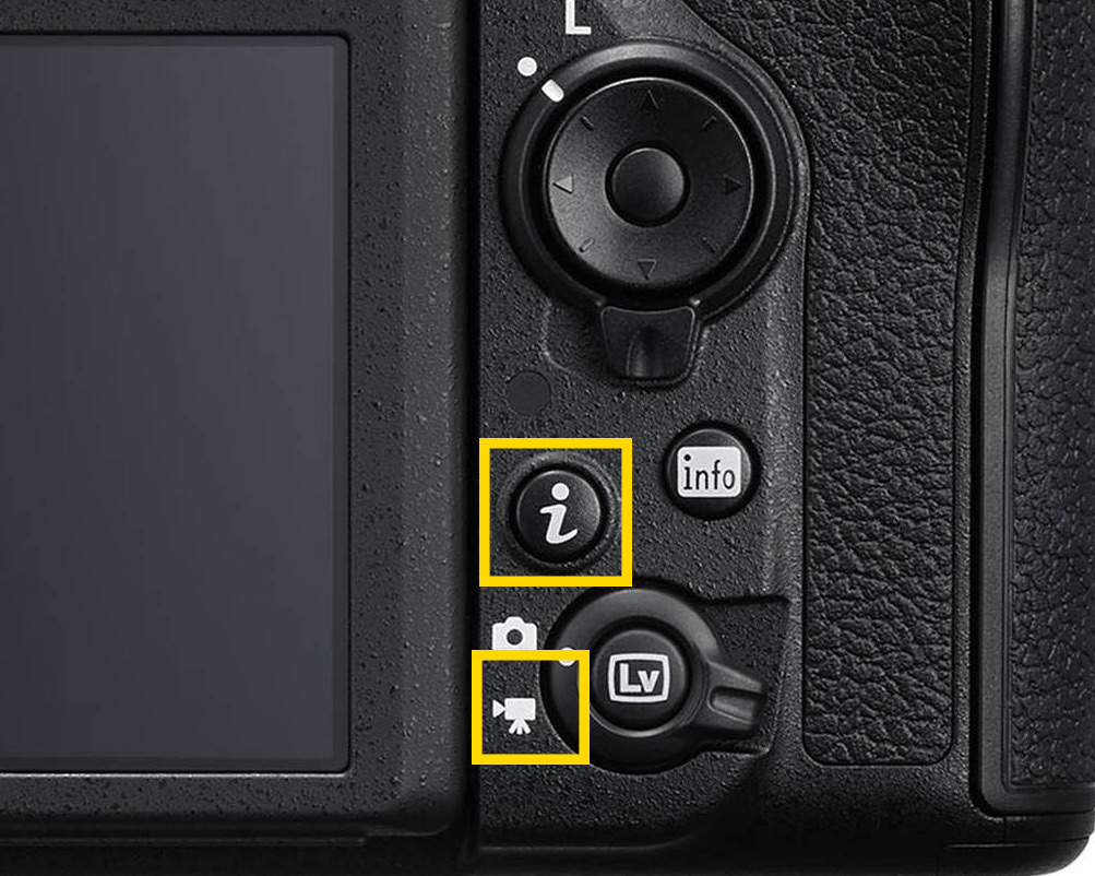 Rear of a Nikon D850 with the i button and the video switch highlighted