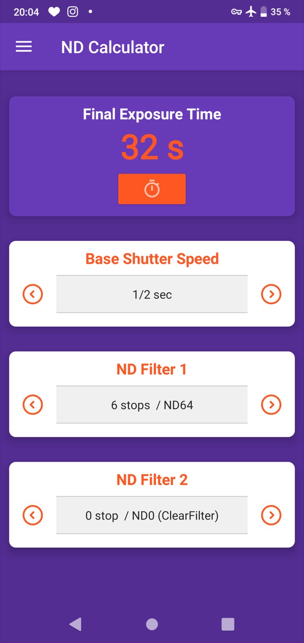 ND calculator app screenshot showing a 1/2 s base shutter speed with a 6-stop ND64 filter giving 32 seconds
