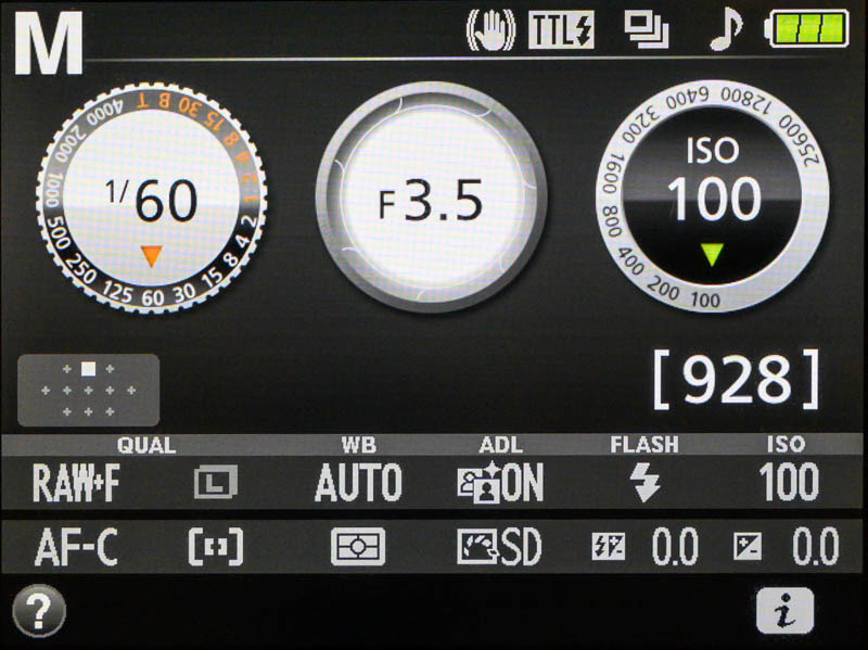 Camera information display in manual mode showing 1/60, F3.5 and ISO 100