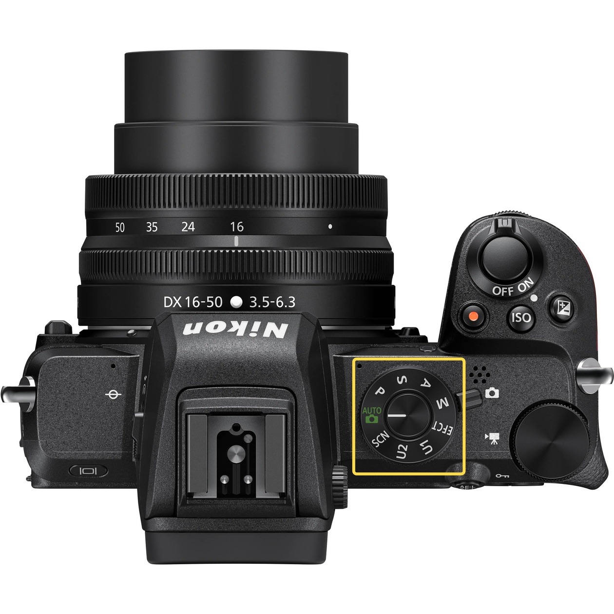 Top view of a Nikon Z 50 mirrorless camera with the mode dial highlighted