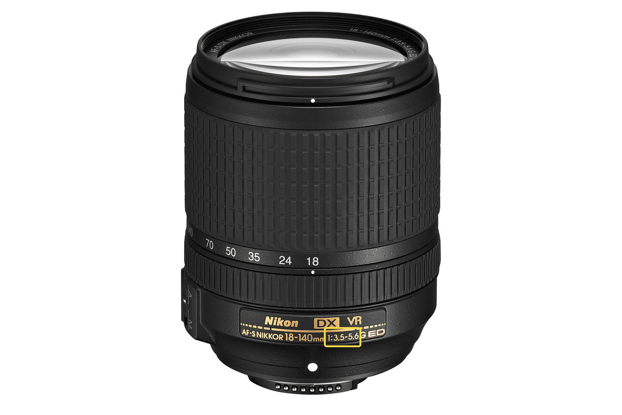 Nikon DX zoom lens with the aperture range 1:3.5-5.6 highlighted on its barrel