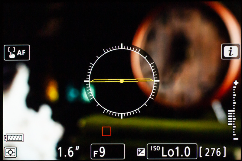 Mirrorless camera screen in live view showing ISO Lo1.0 and a 1.6 second shutter speed