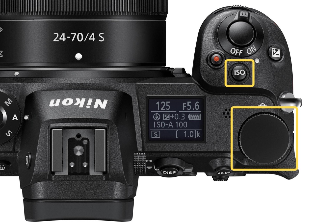 Top of a Nikon mirrorless camera with the ISO button and rear dial highlighted