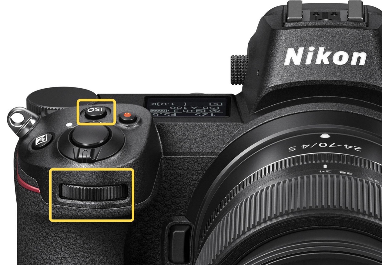 Front of a Nikon mirrorless camera with the ISO button and front dial highlighted