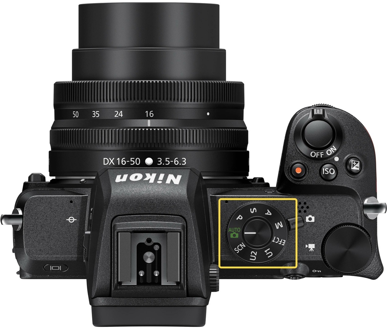 Top view of a Nikon Z 50 with its mode dial highlighted in a yellow frame