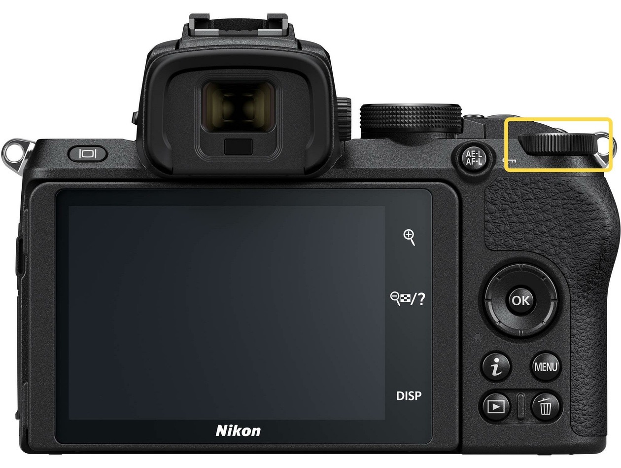 Rear of a Nikon Z 50 with the rear command dial highlighted